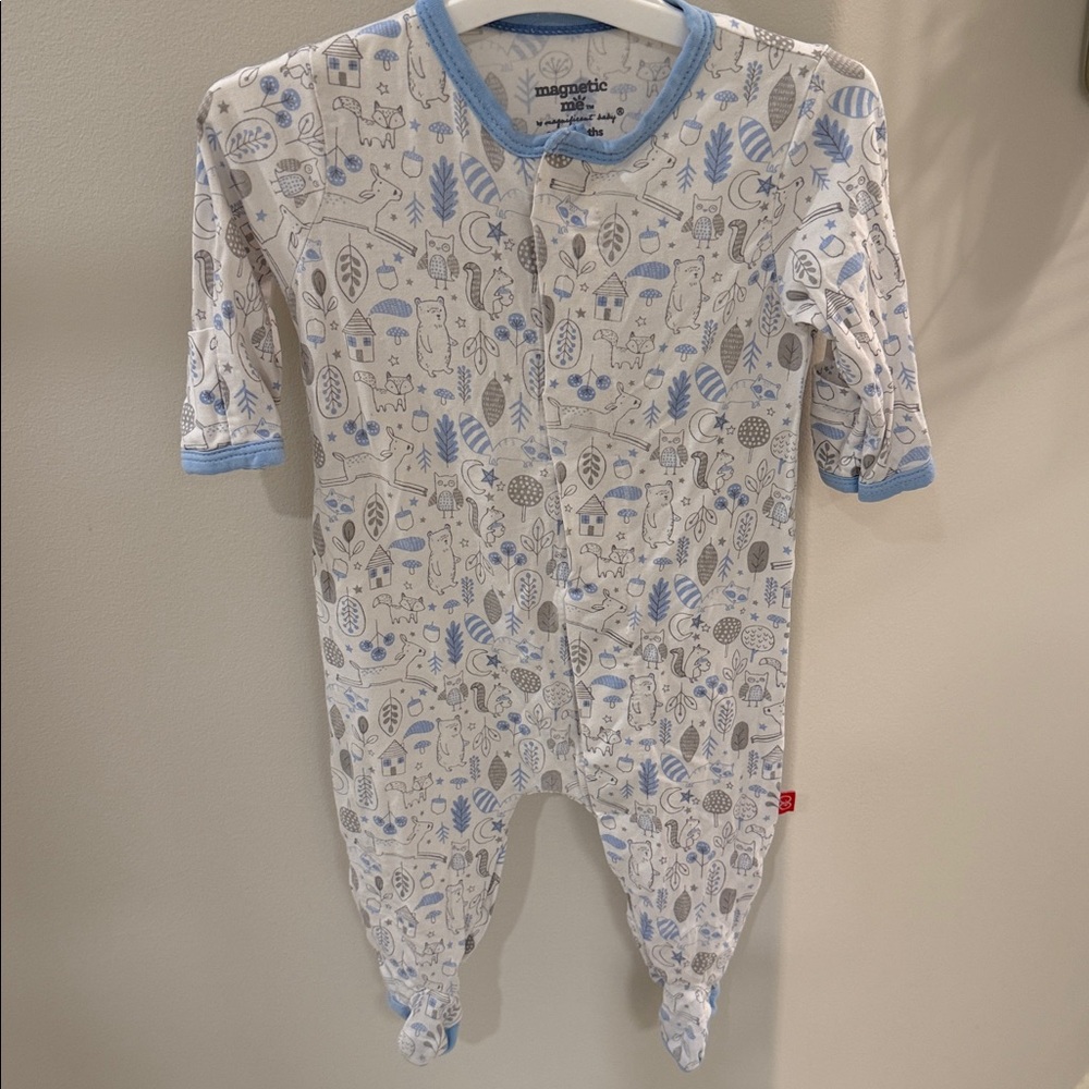 Magnetic Me Blue and White and blue woodland onesie 0-3 months
